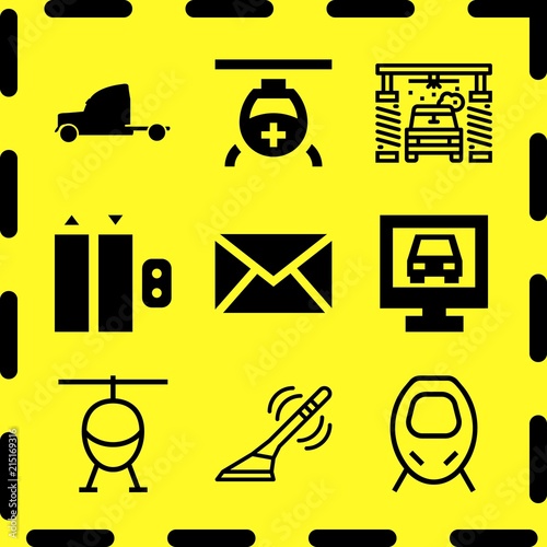 Simple 9 icon set of business related antenna, small truck, elevator and helicopter vector icons. Collection Illustration