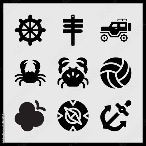 Simple 9 set of Summer related anchor, beach sign, flying butterfly and compass vector icons