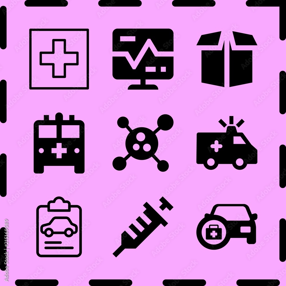 Simple 9 icon set of medicine related cardiogram, car with medicine, ambulance and virus vector icons. Collection Illustration Simple 9 icon set of medicine related cardiogram, car with medicine, ambulance and virus vector icons. Collection Illustration