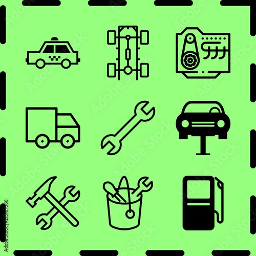 Simple 9 icon set of service related fuel, hammer, taxi side and tools vector icons. Collection Illustration