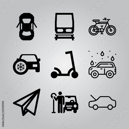 Simple 9 icon set of transport related bicycle, paper plane, parking and scooter vector icons. Collection Illustration