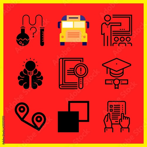 Simple 9 icon set of edication related school bus, knowledge, graduation and science vector icons. Collection Illustration