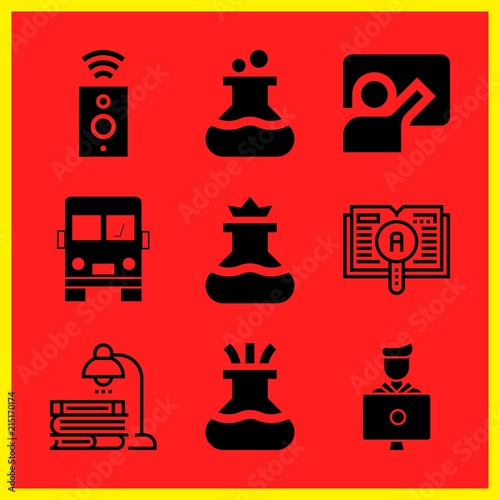 Simple 9 icon set of edication related school bus, flask, flask and learning vector icons. Collection Illustration