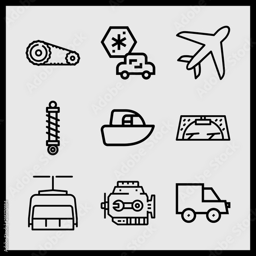 Simple 9 icon set of car related truck, windshield, chairlift and timing belt vector icons. Collection Illustration