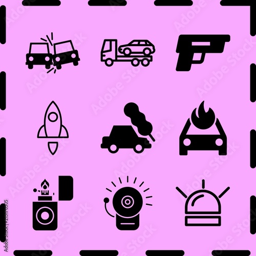 Simple 9 icon set of fire related gun, rocket, alarm bell and evacuator vector icons. Collection Illustration