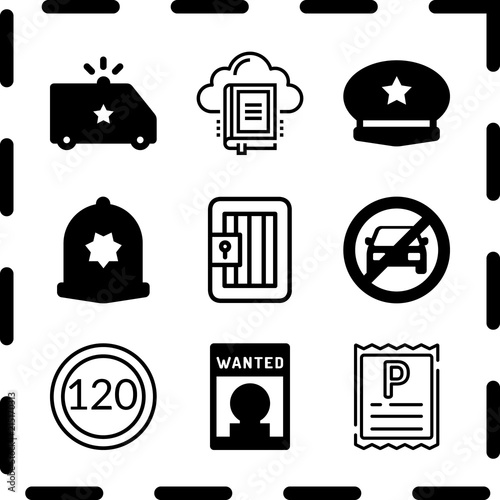 Simple 9 icon set of law related wanted, police cap, police cap and jail vector icons. Collection Illustration