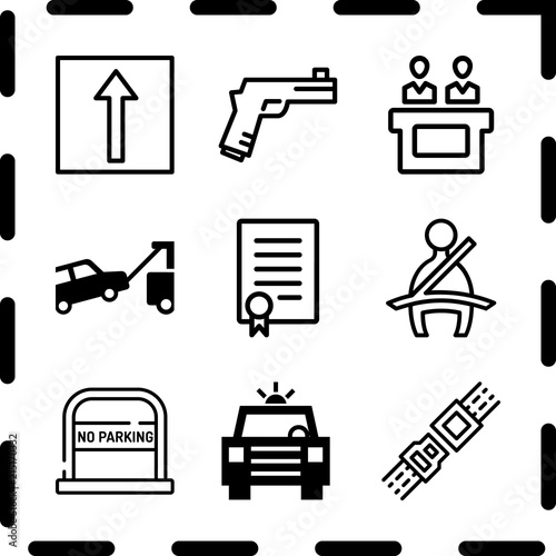 Simple 9 icon set of law related law, seat belt, one way and police car with lights vector icons. Collection Illustration