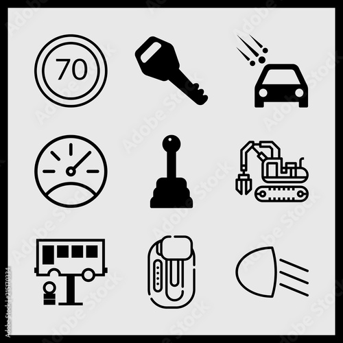 Simple 9 icon set of car related bus in reparation, speedometer, gearshift and excavator vector icons. Collection Illustration