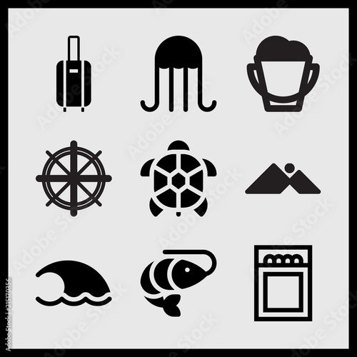 Simple 9 set of Summer related wave, jellyfish, suitcase with wheels and shrimp vector icons