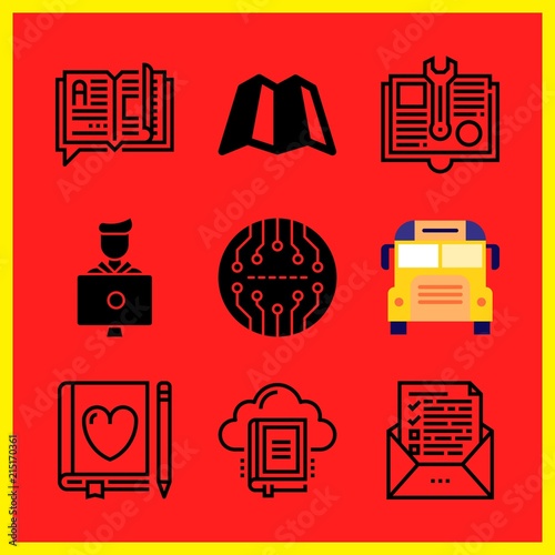 Simple 9 icon set of edication related open book, test, school bus and library vector icons. Collection Illustration