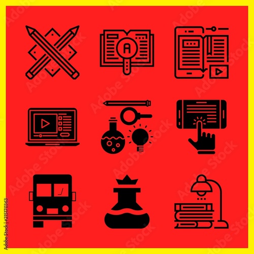Simple 9 icon set of edication related ebook, school bus, science and lecture vector icons. Collection Illustration