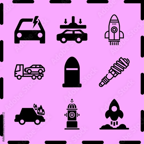 Simple 9 icon set of fire related bullet, car on fire, rocket and destroying car vector icons. Collection Illustration