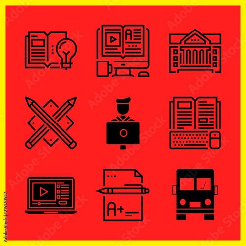 Simple 9 icon set of edication related elearning, school bus, lecture and pencils vector icons. Collection Illustration
