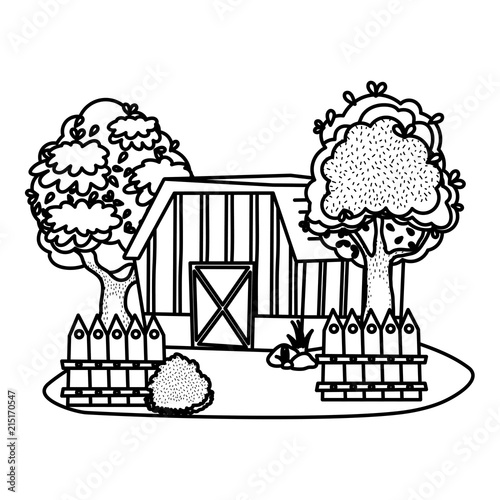 line house farm with tress and wood grillage