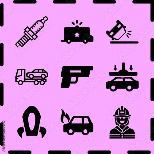 Simple 9 icon set of fire related destroying car, evacuator, gun and overturned car vector icons. Collection Illustration