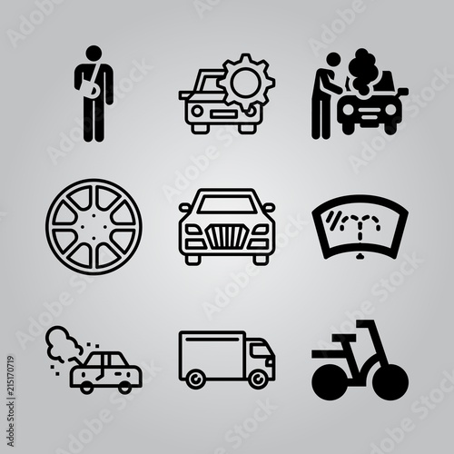Simple 9 icon set of transport related breakdown, alloy wheel, windscreen and car breakdown vector icons. Collection Illustration