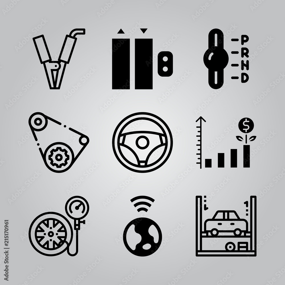 Obraz premium Simple 9 icon set of electronics related car, steering wheel, battery and tire vector icons. Collection Illustration