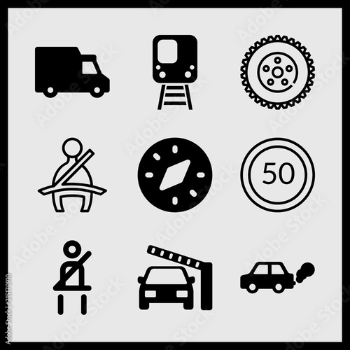 Simple 9 icon set of car related seat belt, car parts, seatbelt and transportation truck vector icons. Collection Illustration