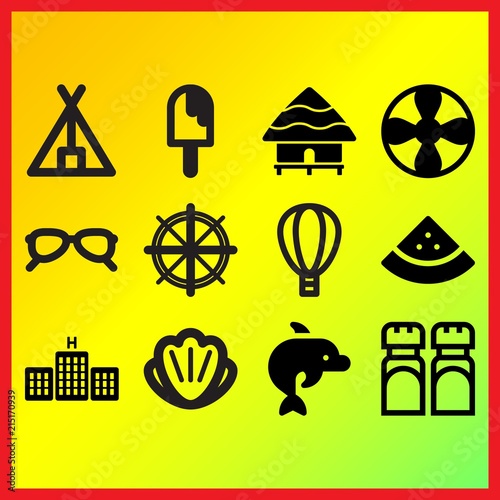 Hut, watermelon and tourist tent related icons set