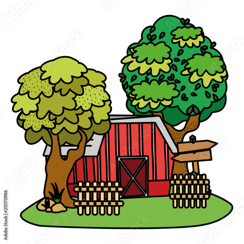 color house farm with wood notices and trees