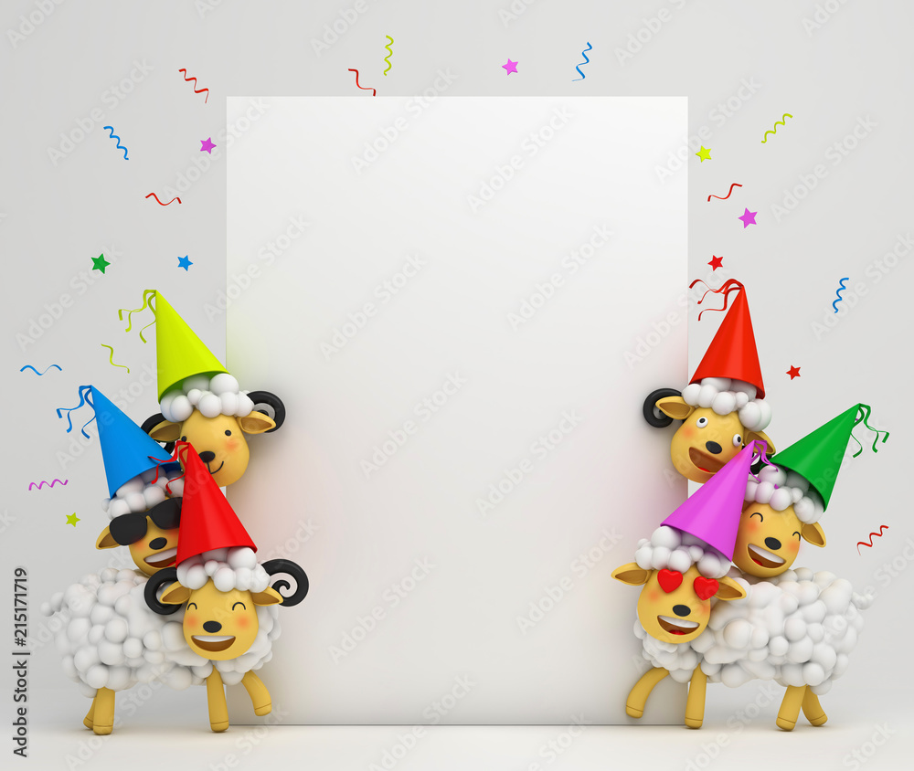 Fototapeta premium Cute cartoon sheep smile wearing colorful party hat. Design creative concept of islamic celebration eid adha or happy birthday. Copy space text. 3d rendering illustration.