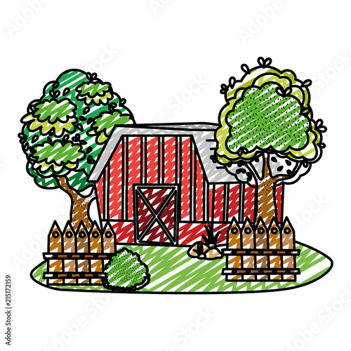 doodle house farm with tress and wood grillage