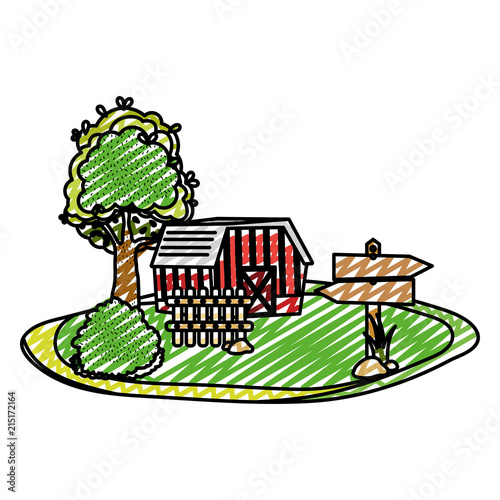 doodle house farm with tree and wood notices