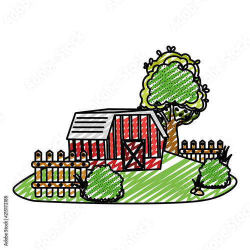 doodle house farm with wood grillage and trees
