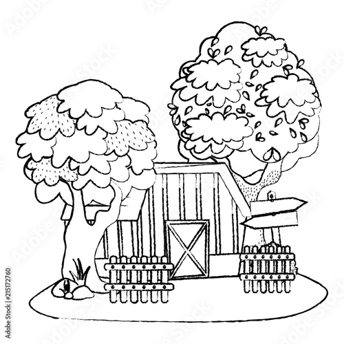 grunge house farm with wood notices and trees