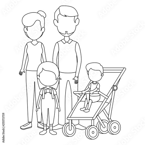 parents couple with daughter and baby in cart