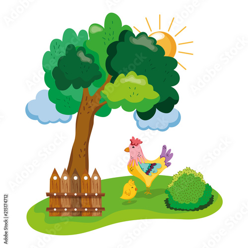 rooster with chick animals in the farm and tree