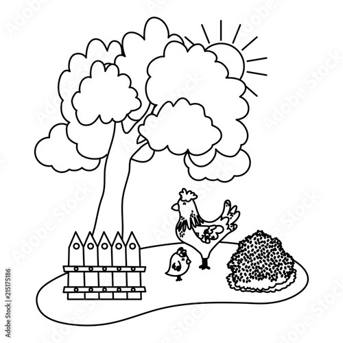 line rooster with chick animals in the farm and tree