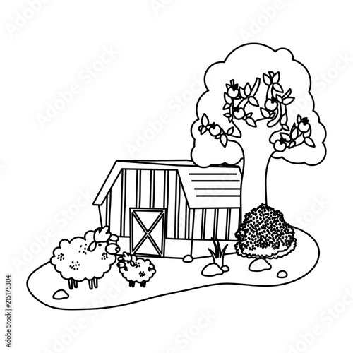 line house farm with sheeps animals and tree