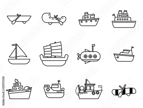 Set of Cartoon simple outline boat in the water icon concept for vector graphic design