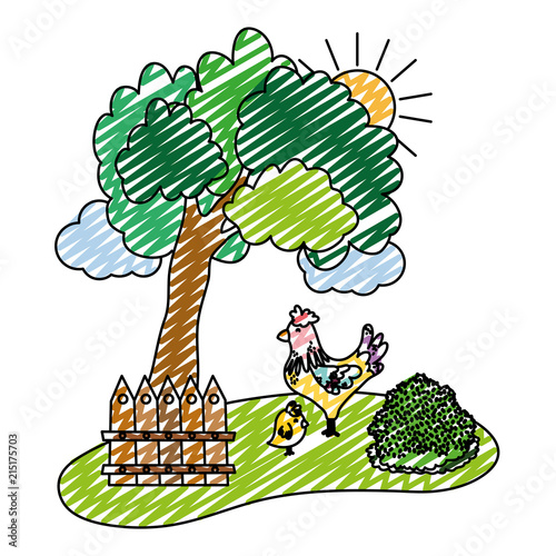 doodle rooster with chick animals in the farm and tree