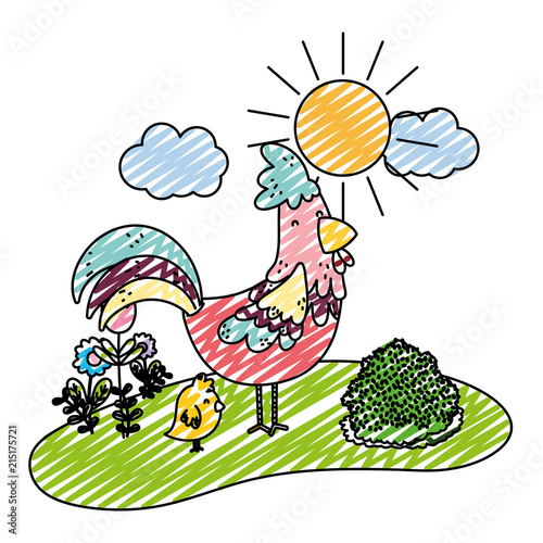 doodle nice hen with chick farm animals