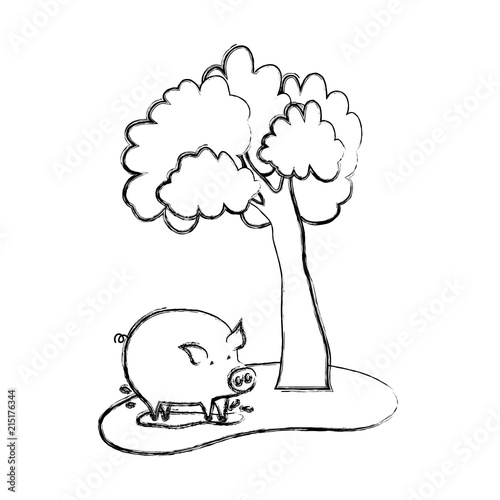 grunge tree next to pig farm animal in swamp