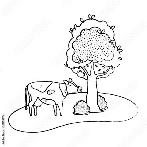 grunge cute cow farm animal next to tree