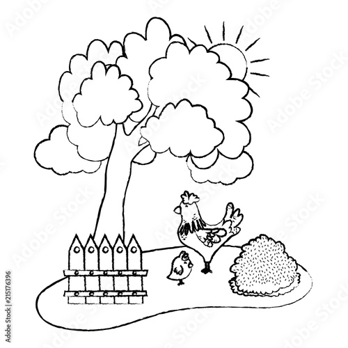 grunge rooster with chick animals in the farm and tree
