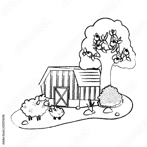 grunge house farm with sheeps animals and tree