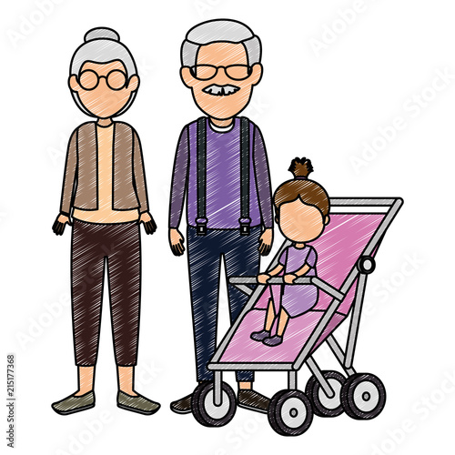 cute grandparents couple with granddaughter in cart