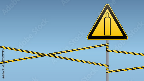 Gas bottle. Attention is dangerous. Warning sign. Safety technology. Triangular sign on the pillar and barrier tape.Object on the sky background. Vector illustrations.