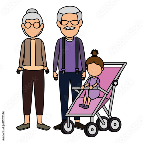 cute grandparents couple with granddaughter in cart