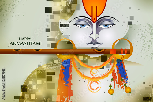 Lord Krishna playing flute on Happy Janmashtami holiday Indian festival greeting background