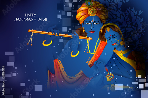 Lord Krishna and Radha playing flute on Happy Janmashtami holiday Indian festival background