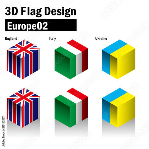 立体的な国旗のイラスト｜イタリア、イギリス、ウクライナの国旗｜3Dフラッグ｜国旗セット