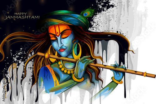 Lord Krishna playing flute on Happy Janmashtami holiday Indian festival greeting background