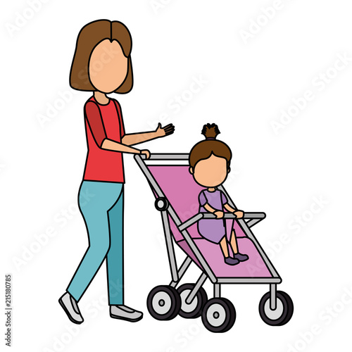 mother with little girl baby in cart