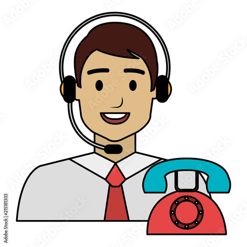 call center agent with headset and telephone