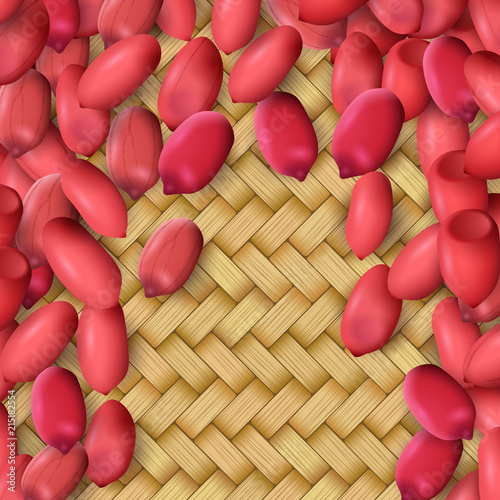 Arachis or peanuts background with red scattered nuts and beans
